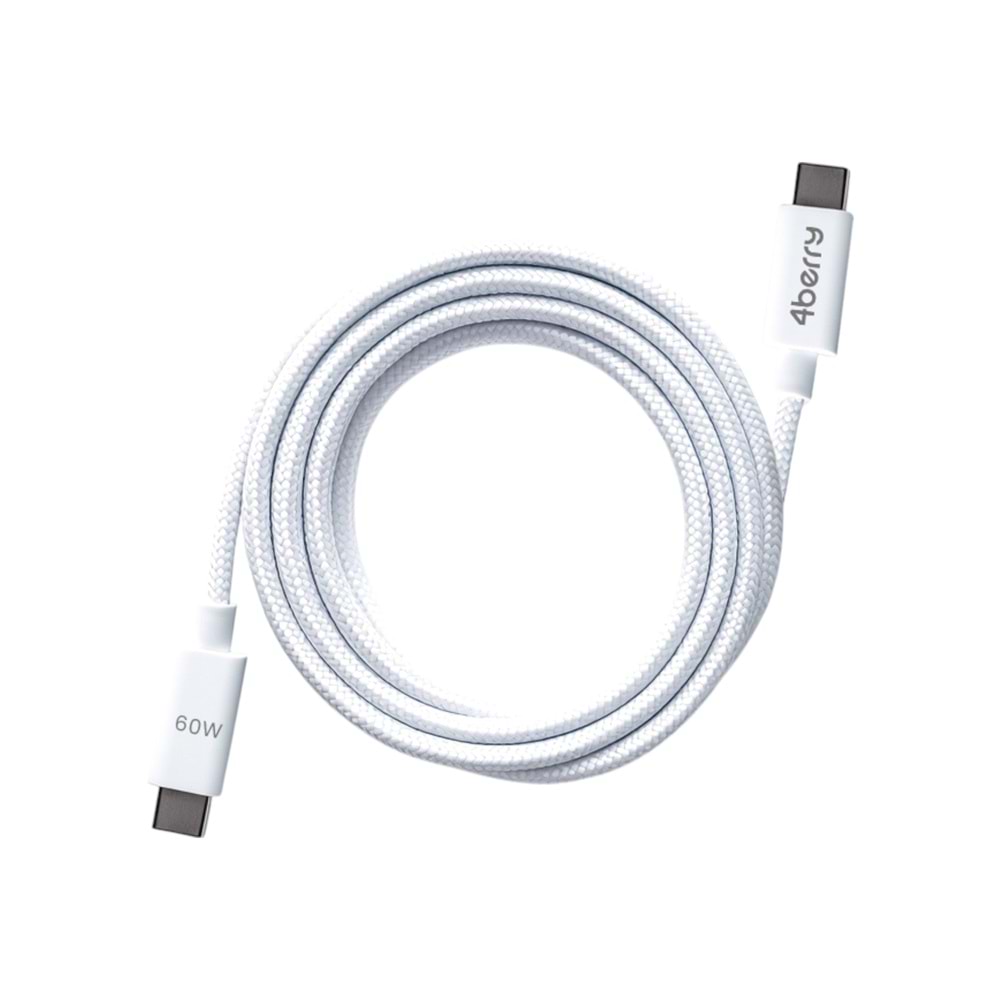 4Berry ECO-CC Beyaz USB-C›C Kablosu – 1.2 m, Örgülü, 60 W Hızlı Şarj