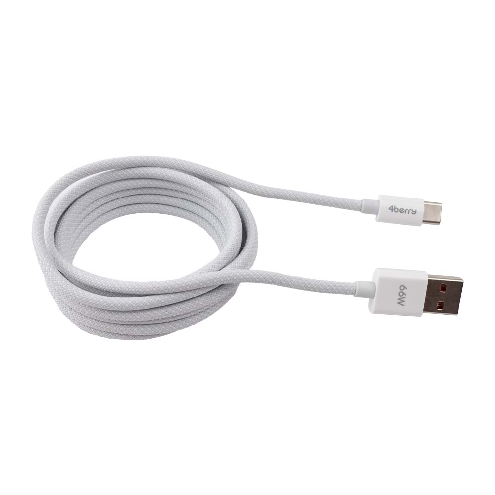 4Berry ECO-AC Beyaz USB-A›USB-C Örgülü Kablo – 66 W Hızlı Şarj, 1,2 M