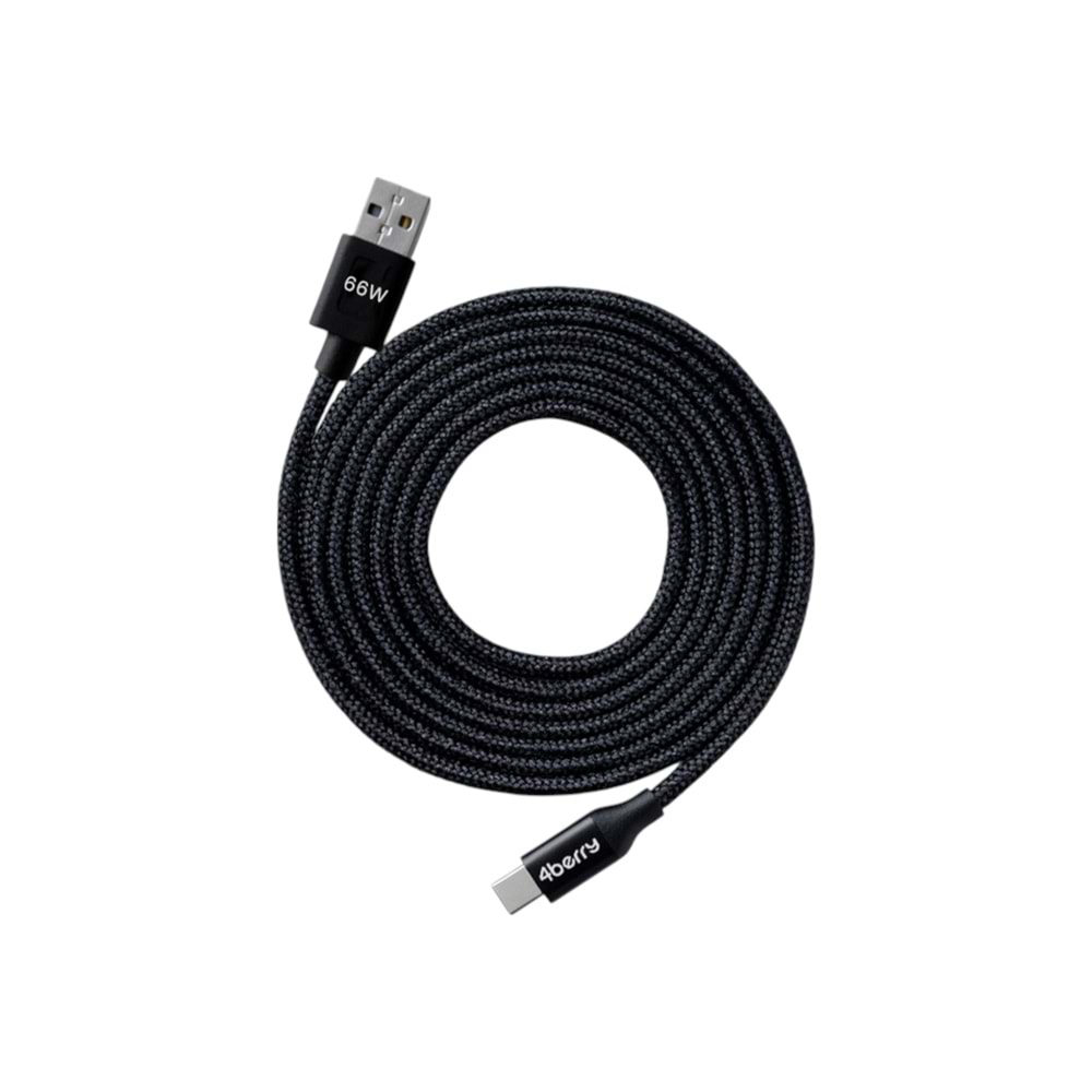 4Berry ECO-AC Siyah USB-A›USB-C Örgülü Kablo – 66 W Hızlı Şarj, 1,2 M