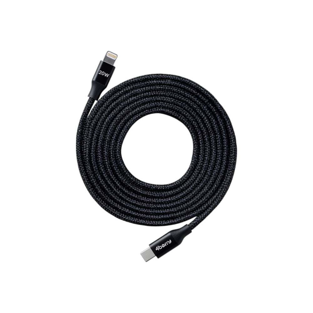 4Berry ECO-CL Siyah USB-C-Lightning 2 m Örgülü Kablo – 20 W Hızlı Şarj