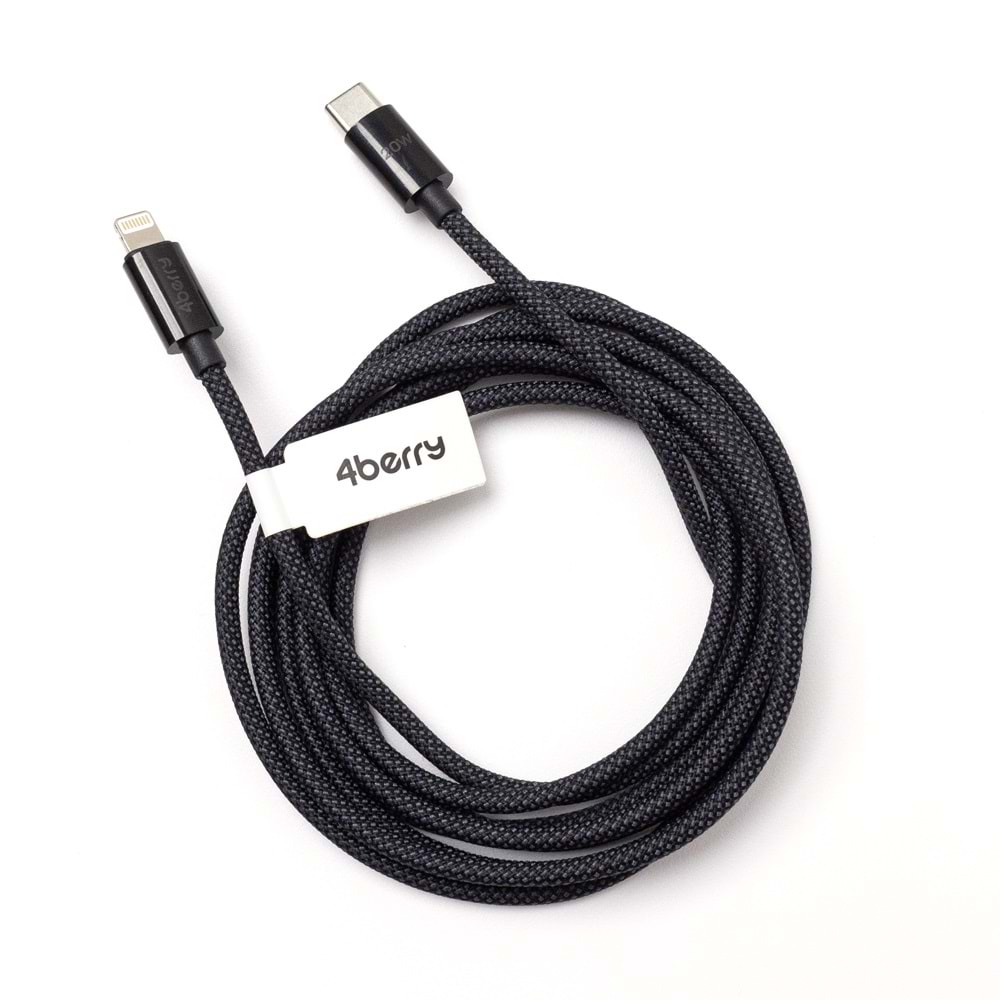 4Berry ECO-CL Siyah USB-C-Lightning 2 m Örgülü Kablo – 20 W Hızlı Şarj