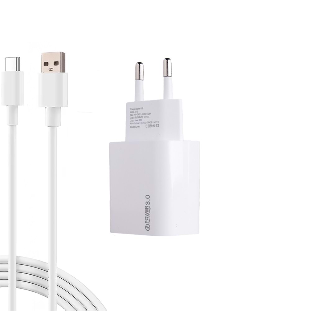 AC18 ECO Bundle 18W Hızlı Şarj Cihazı + USB-A to Type-C Kablo , QC 3.0 Destekli