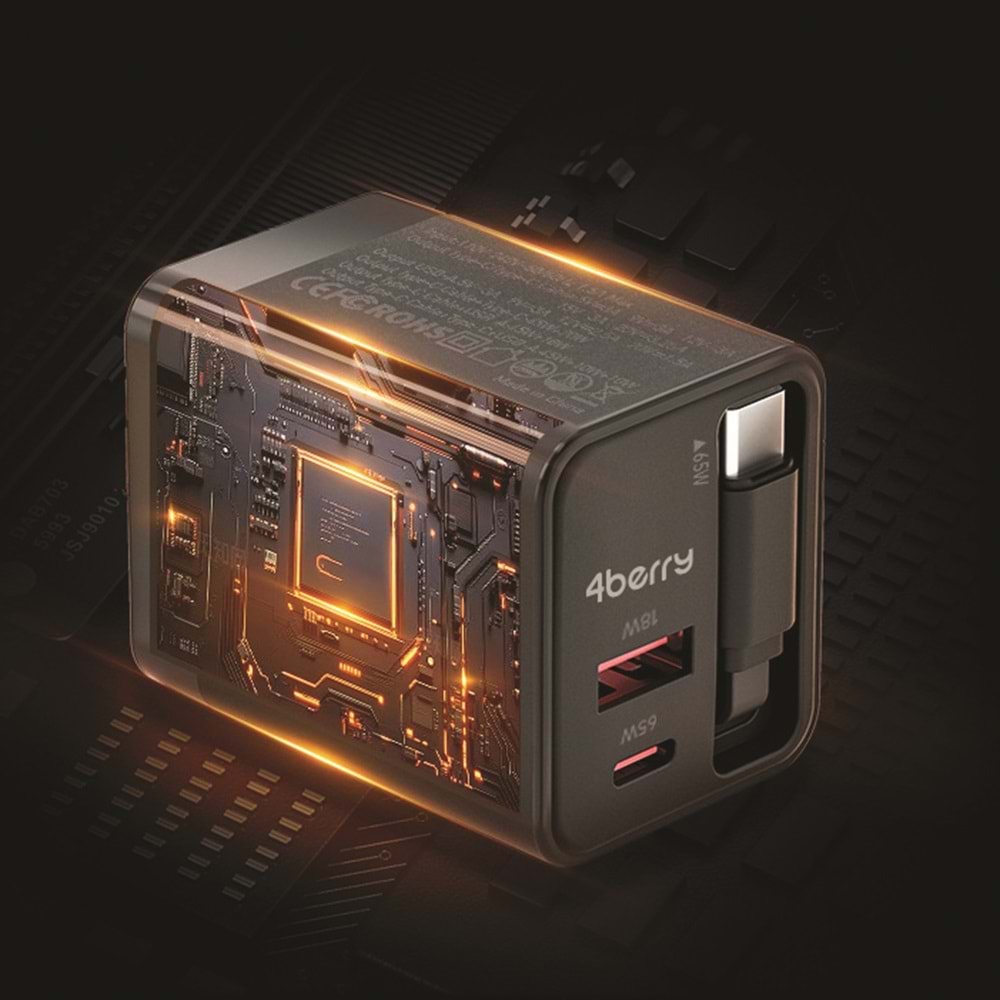 GaN Pro Charge 65W Hızlı Şarj Adaptörü Type-C + USB-A + Dahili Kablo