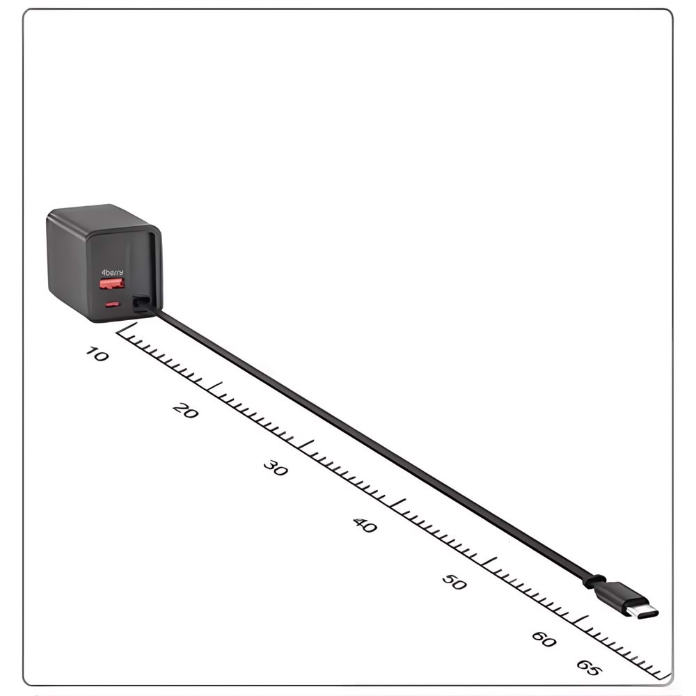 GaN Pro Charge 65W Hızlı Şarj Adaptörü Type-C + USB-A + Dahili Kablo