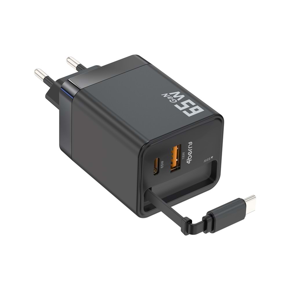 GaN Pro Charge 65W Hızlı Şarj Adaptörü Type-C + USB-A + Dahili Kablo