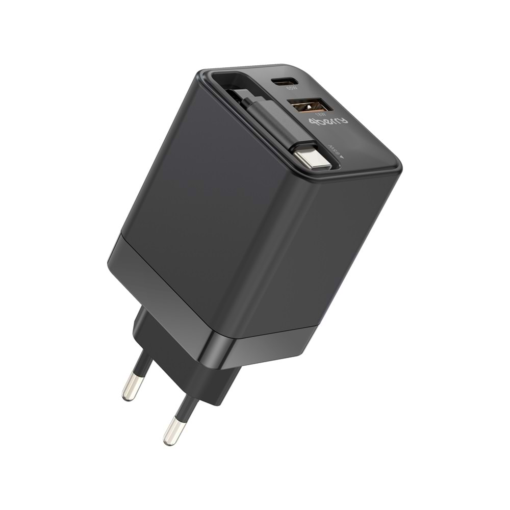 GaN Pro Charge 65W Hızlı Şarj Adaptörü Type-C + USB-A + Dahili Kablo