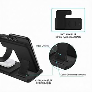 ABK-Q20S Siyah 4-in-1 Kablosuz Şarj Standı – Telefon, Saat, Kulaklık, Apple Pencil