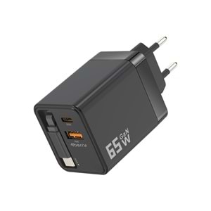 GaN Pro Charge 65W Hızlı Şarj Adaptörü Type-C + USB-A + Dahili Kablo