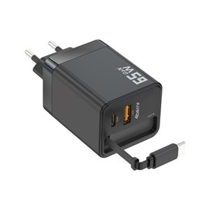 GaN Pro Charge 65W Hızlı Şarj Adaptörü Type-C + USB-A + Dahili Kablo