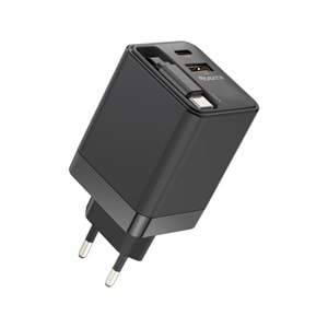 GaN Pro Charge 65W Hızlı Şarj Adaptörü Type-C + USB-A + Dahili Kablo