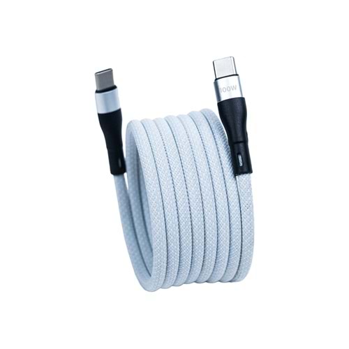BMCC-04 Beyaz USB-C-C Manyetik Kablo – 1 m, 100 W Süper Hızlı Şarj