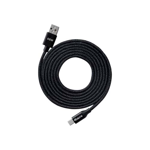 4Berry ECO-AC Siyah USB-A›USB-C Örgülü Kablo – 66 W Hızlı Şarj, 1,2 M