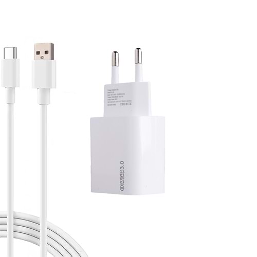 AC18 ECO Bundle 18W Hızlı Şarj Cihazı + USB-A to Type-C Kablo , QC 3.0 Destekli