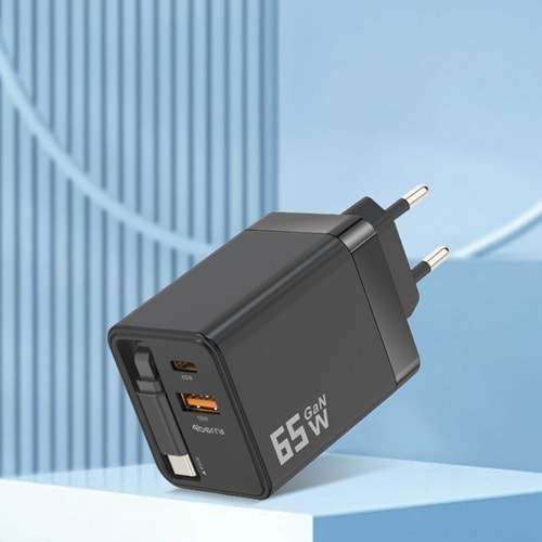 GaN Pro Charge 65W Hızlı Şarj Adaptörü Type-C + USB-A + Dahili Kablo