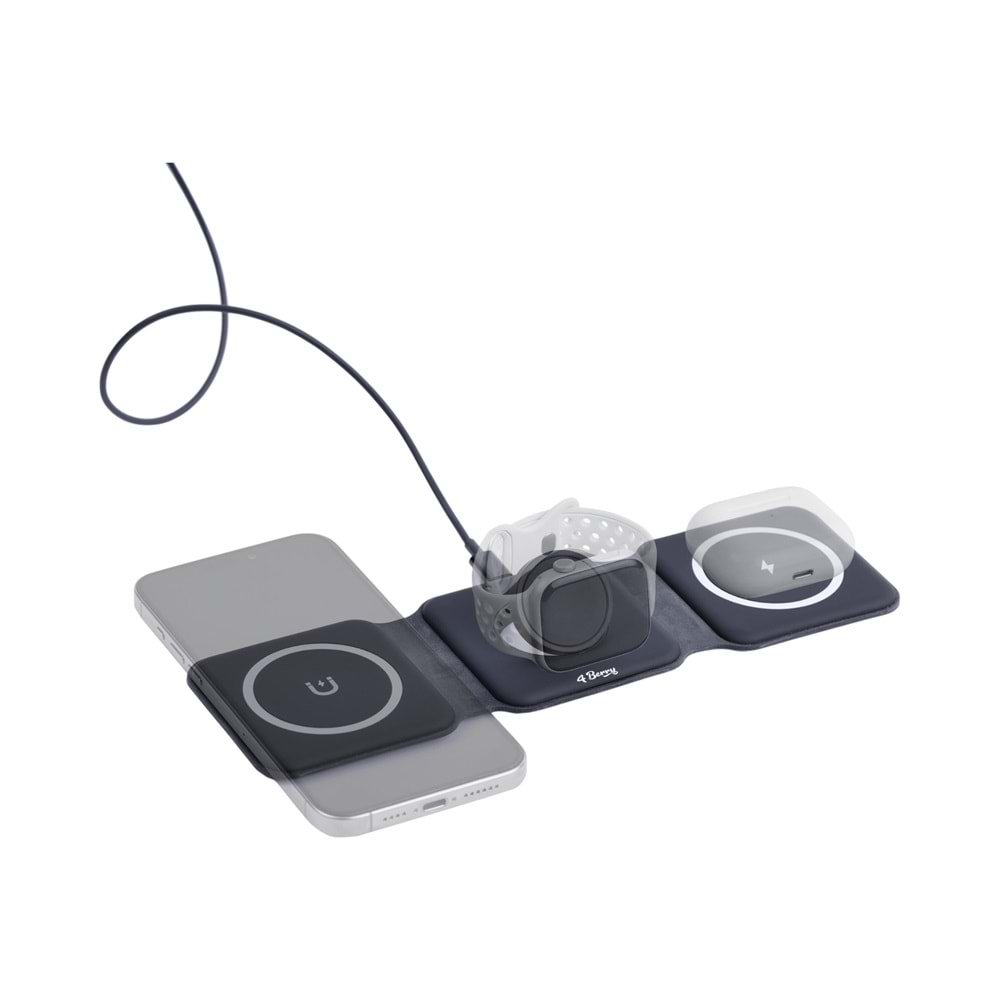 W07B Siyah 3 in 1 Manyetik Kablosuz Şarj Standı – iPhone, AirPods, Apple Watch