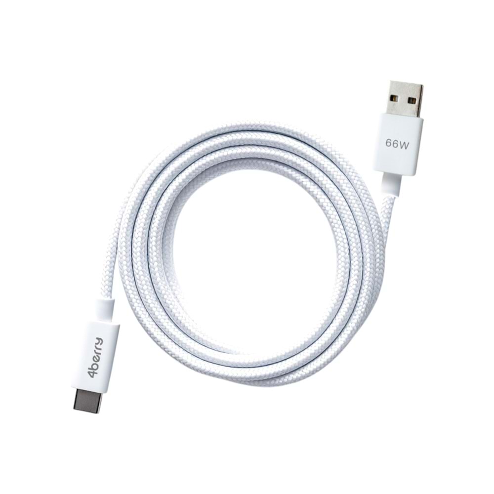 4Berry ECO-AC Beyaz USB-A›USB-C Örgülü Kablo – 66 W Hızlı Şarj, 1,2 M