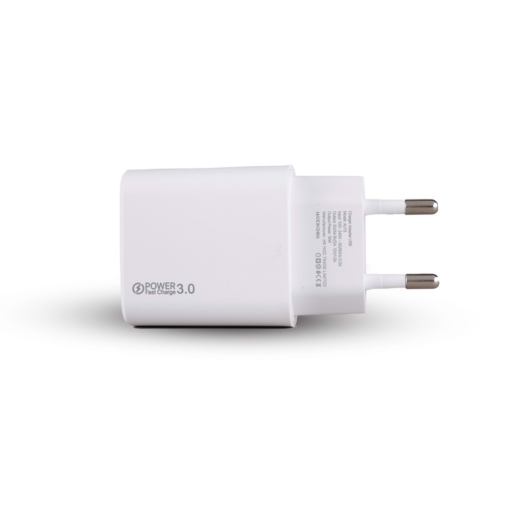 AU13 Hızlı USB Duvar Şarj Adaptörü (Başlık) 3.0A 18W - Beyaz