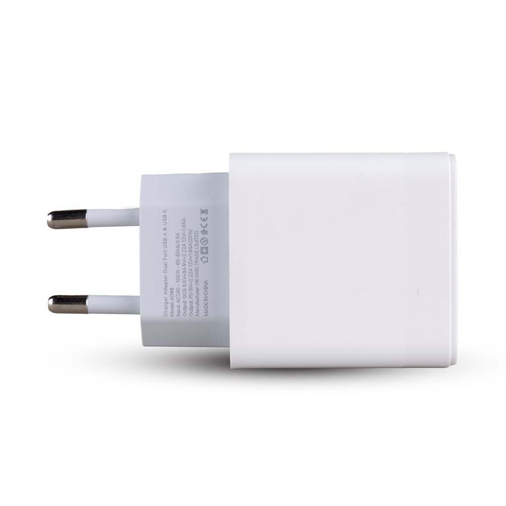 AD88 20W Çift USB Şarj Adaptörü - Hızlı Şarj Cihazı BEYAZ