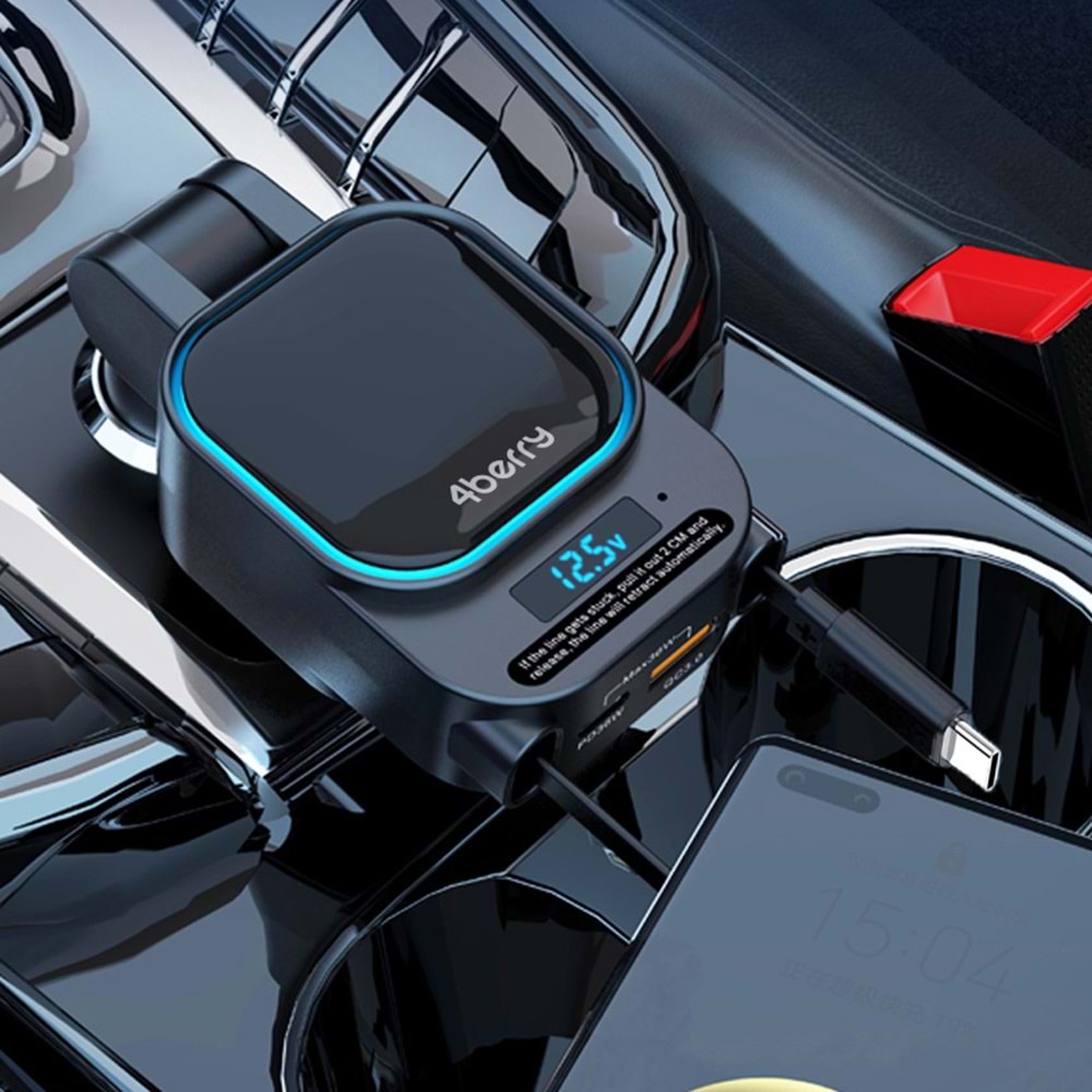 SC07 96W Araç Şarj Cihazı – PD3.0 & QC3.0 Hızlı Şarj, Çift Toplanabilir Kablo, LED Ekran