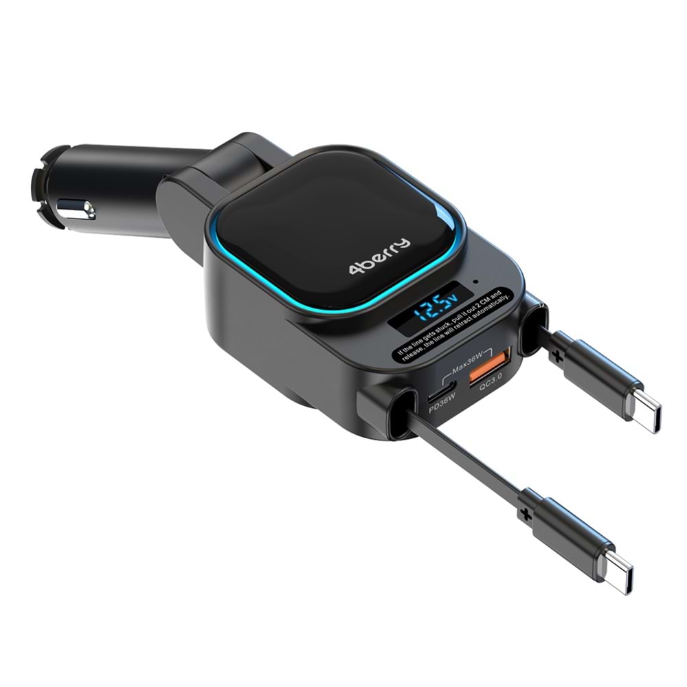 SC07 96W Araç Şarj Cihazı – PD3.0 & QC3.0 Hızlı Şarj, Çift Toplanabilir Kablo, LED Ekran