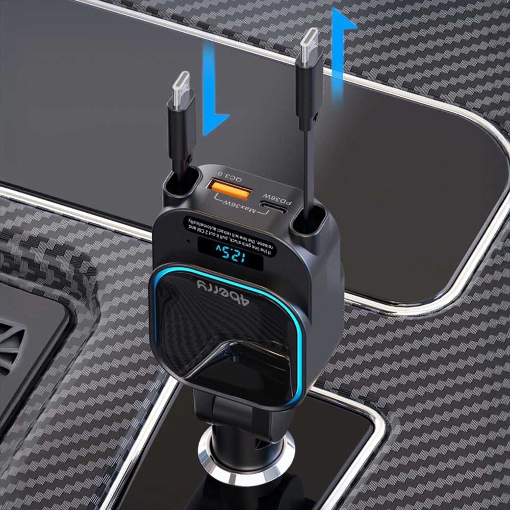 SC07 96W Araç Şarj Cihazı – PD3.0 & QC3.0 Hızlı Şarj, Çift Toplanabilir Kablo, LED Ekran