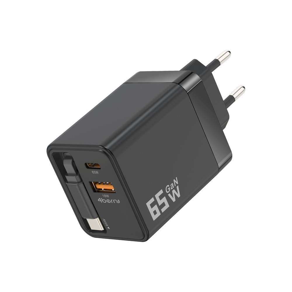GaN Pro Charge 65W Hızlı Şarj Adaptörü Type-C + USB-A + Dahili Kablo