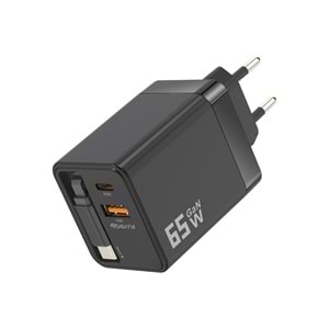 GaN Pro Charge 65W Hızlı Şarj Adaptörü Type-C + USB-A + Dahili Kablo
