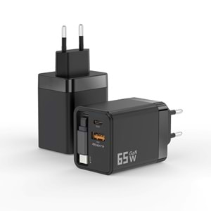GaN Pro Charge 65W Hızlı Şarj Adaptörü Type-C + USB-A + Dahili Kablo